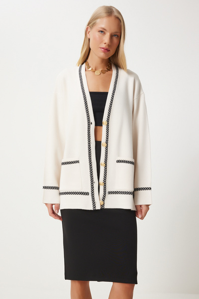 Lovelyİstanbul Contrast Detailed Pocketed Long Knit Cardigan Lus0016 Cream