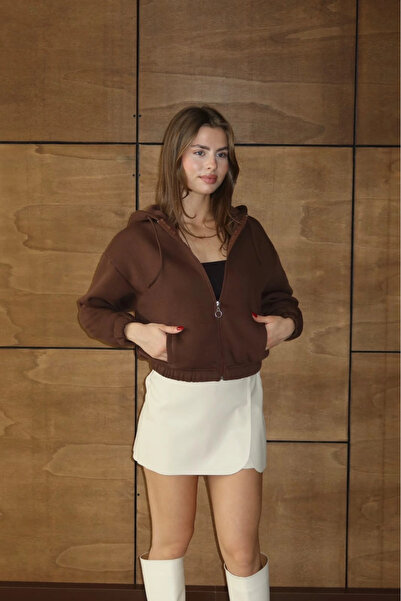 Ethab Ticaret 3-thread Fleece-Lined hooded zip-up crop top coffee pat8590