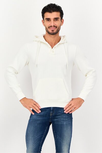 CELIO Men Plain Long Sleeve Hoodies, Off White