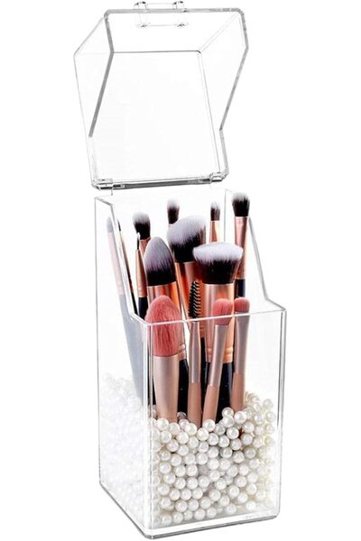 Slasa Acrylic Makeup Brush Holder, Transparent Organizer Box with Lid (8.5×8.5×21 cm)