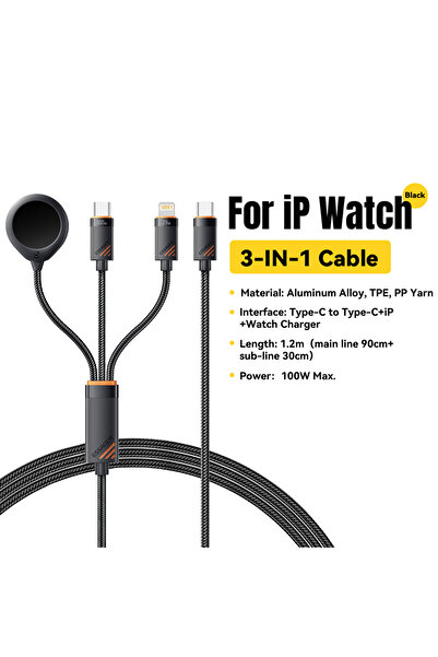 essager كابل شحن USB-C متعدد 3 في 1 بقوة 100 وات أسود بطول 1.2 متر لساعة iWat...