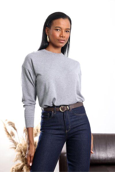 5in1Canpolat Gray Crew Neck Lyocell Yarn Knitwear