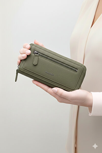 willpolo محفظة نسائية طويلة من الجلد الطبيعي بغطاء مغناطيسي بلون كاكي