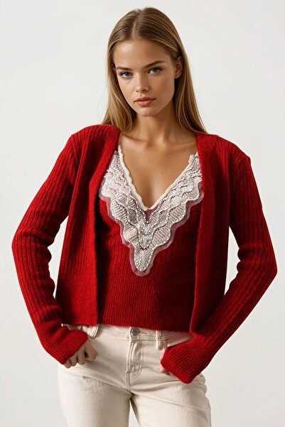 VAGGON Women's Red Lace Detailed Blouse and Corded Fabric Cardigan Knitwear Set Vs01708