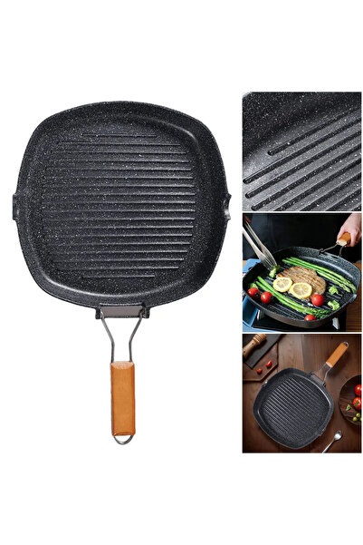 Choice BLACK 20cm Foldable Portable Frying Pan Picnic Grill Pan Anti-scald Wooden Handle Outdoor Grill Pan