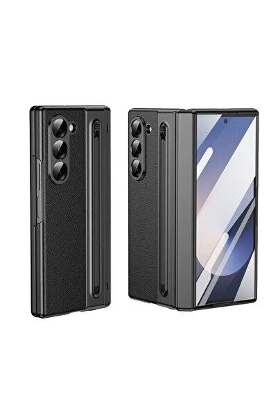 Choice جراب هاتف Galaxy Z Fold6 أسود فاخر من الجلد مع قلم فيلم فولاذي لهاتف Z...