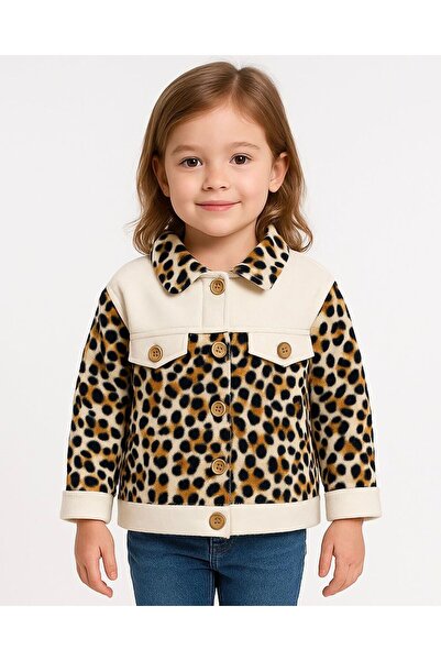 ERDEM KIDS Girl's Leopard Print Buttoned Lapel Collar Pocket Flap Fleece Jacket Sweatshirt