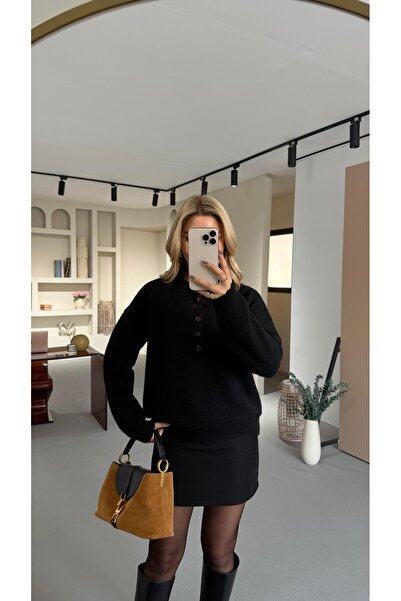 Sezgi Tekin Button Detail Soft Textured Black Sweater
