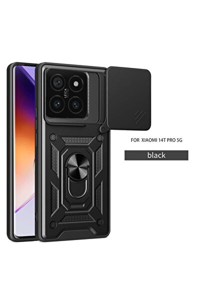 Choice جراب أسود مقاوم للصدمات لهاتف Mi 14T Pro مع حامل سيارة وغطاء هاتف لعدس...