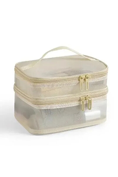 Choice حقيبة مكياج شبكية مزدوجة الطبقات باللون البيج، حقيبة غسيل، حقيبة تخزين...