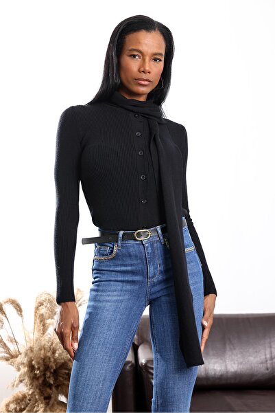 5in1Canpolat Black Scarf Detailed Knitwear Cardigan 17757