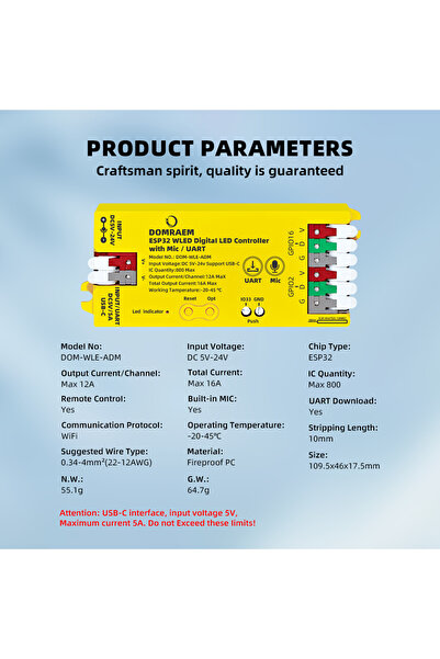 Choice ESP32 MiC UART 2CH DOM-WLE-ADM Yellow DOMRAEM WLED Digital Music LED C...