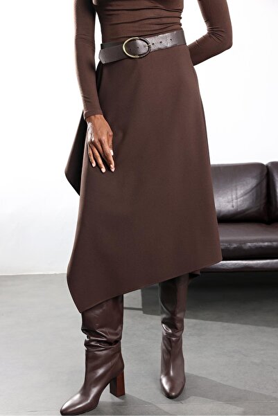 5in1Canpolat Brown Double-Breasted Design Midi Skirt 17264