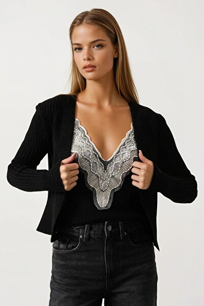 VAGGON Women's Black Lace Detailed Blouse and Corded Fabric Cardigan Knitwear Set Vs01708