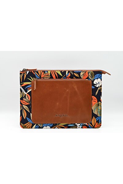 karenzi Handcrafted Leather & KALAMKARI Fabric Laptop Sleeve - Front & Back Pockets