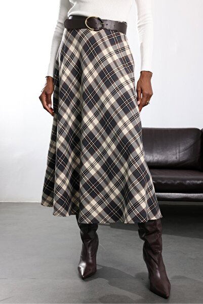 5in1Canpolat Anthracite Plaid Maxi Skirt 17775