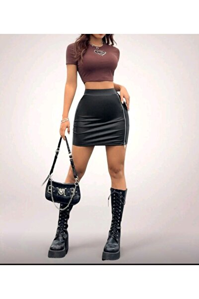 CARABO MODA Faux Leather Zippered Mini Skirt