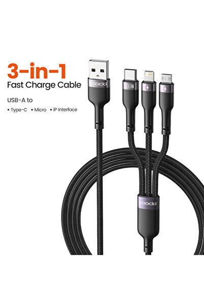 Toocki كابل USB إلى Type C Micro iP 3 في 1 أسود بطول 1.2 متر لأجهزة iPad QC PD شاحن سريع ونقل بيانات...