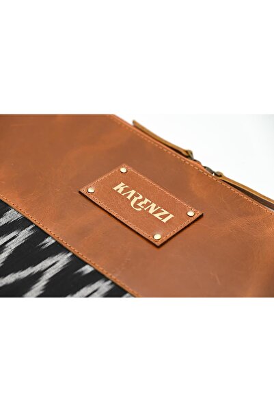 karenzi Handcrafted Genuine Leather & Handwoven Ikat Fabric Laptop Sleeve - Half and Half Design