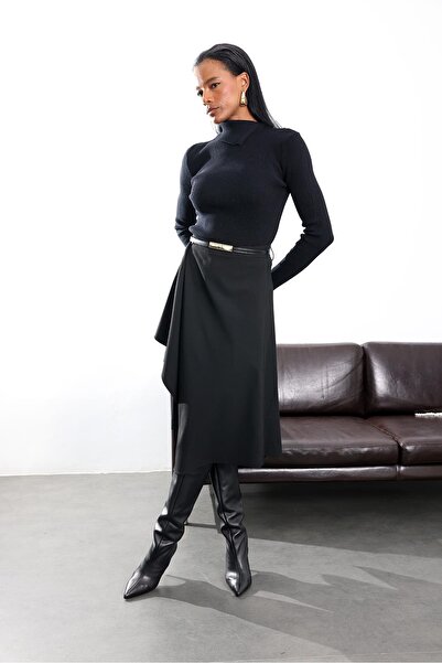 5in1Canpolat Black Double-Breasted Design Midi Skirt 17264