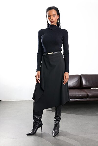 5in1Canpolat Black Double-Breasted Design Midi Skirt 17264