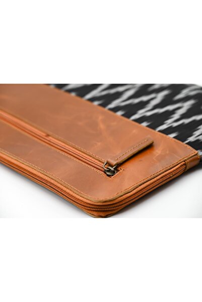 karenzi Handcrafted Genuine Leather & Handwoven Ikat Fabric Laptop Sleeve - Half and Half Design