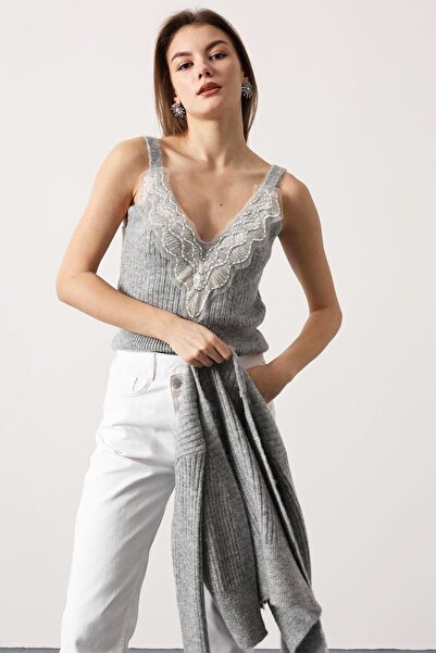 VAGGON Women's Gray Lace Detailed Blouse and Corded Fabric Cardigan Knitwear Set Vs01708