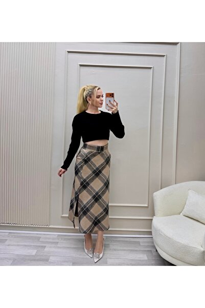 Moda Palmiss Fusta în carouri cu buzunar cu fantă cu fermoar în talie