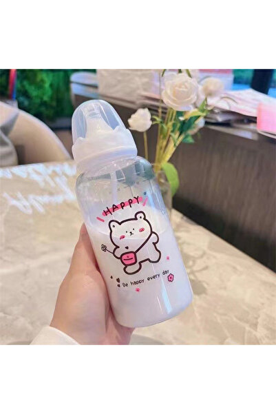 Choice زجاجة مياه بلاستيكية كاواي على شكل دب فراولة مقاس A2 سعة 400 مل للأطفال والكبار مزودة بكوب حليب وعصير بقشة من ليا المثلجة