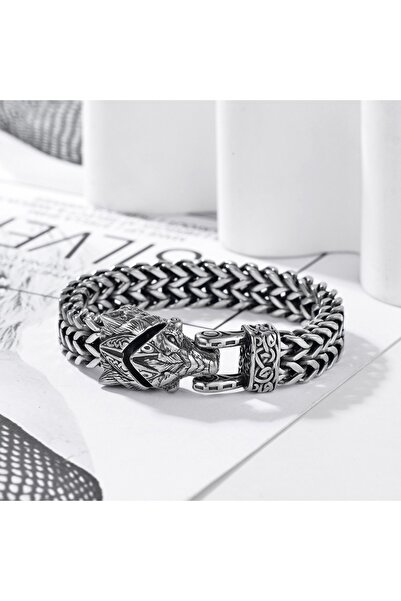 Viking Nordic Fenrir Wolf Clip-On Nordic Back & Fenrir Design 316L Stainless Steel Non-Tarnish Bracelet