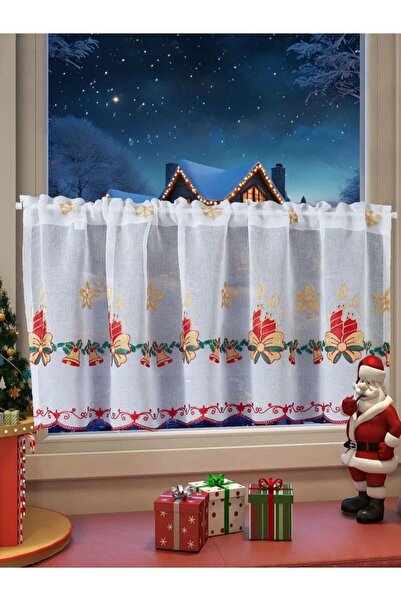 Choice ستارة نصف شفافة مطرزة بأجراس عيد الميلاد بيضاء، بطيات ثابتة، مقاس 180×...