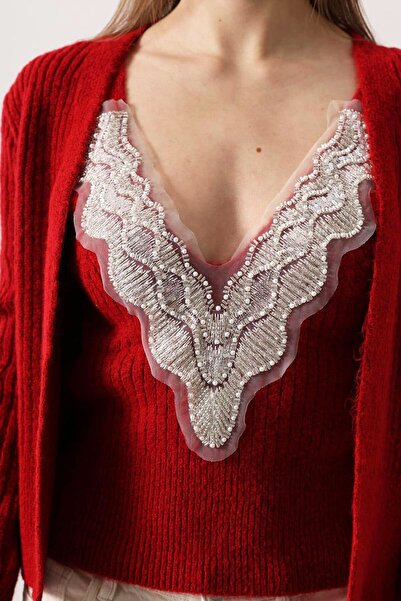 VAGGON Women's Red Lace Detailed Blouse and Corded Fabric Cardigan Knitwear Set Vs01708
