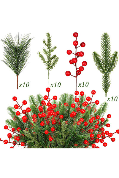 Choice 40 قطعة من إبر الصنوبر الاصطناعية المختلطة، فروع الخضرة، أعواد التوت ا...