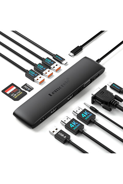 lemorele TC97 TC97 موزع USB C 12 في 1 بقوة 100 واط PD 2x 4K HDMI VGA 10Gbps م...