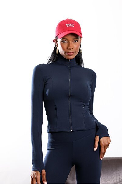 5in1Canpolat Navy Blue Zippered Slim Cardigan 251070