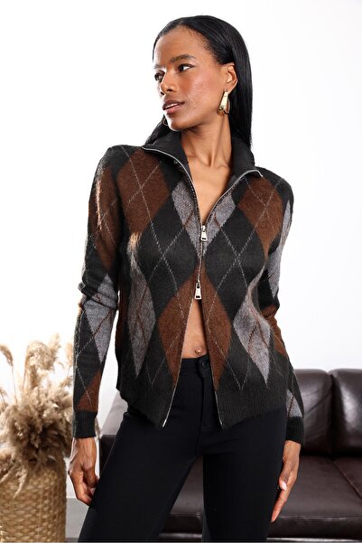 5in1Canpolat Cardigan negru cu fermoar dublu cu model baklava 0694