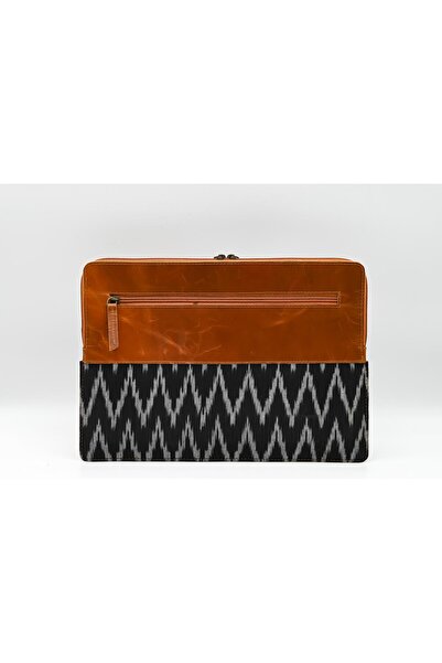 karenzi Handcrafted Genuine Leather & Handwoven Ikat Fabric Laptop Sleeve - Half and Half Design