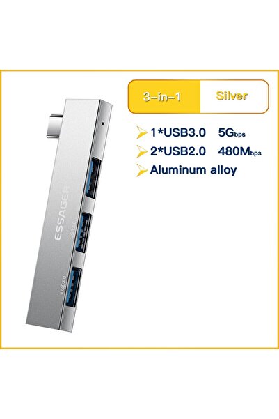 essager موزع USB-C فضي 3 في 1 عالي السرعة بثلاثة منافذ من النوع C إلى USB 3.0...