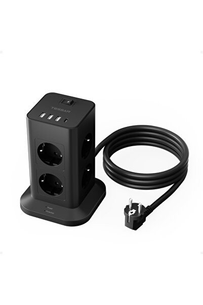 Choice موزع طاقة تيسان 3U1C بثمانية منافذ كهربائية أوروبية، مزود بثمانية مقابس تيار متردد أوروبية وأربعة منافذ USB وسلك طاقة بطول مترين.