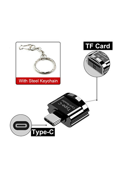 Choice قارئ بطاقات Mini Type C TO TF أسود مع سلسلة، قارئ بطاقات Micro SD/كامي...