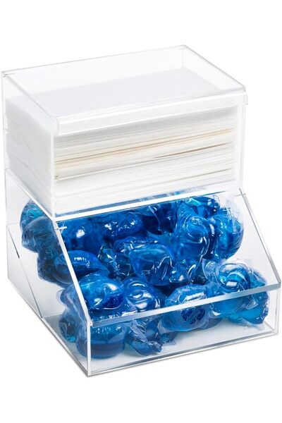 Slasa Laundry Pod & Dryer Sheet Holder, 2-Compartment Acrylic Organizer with Lids (6.75×7.25×7.65 in)