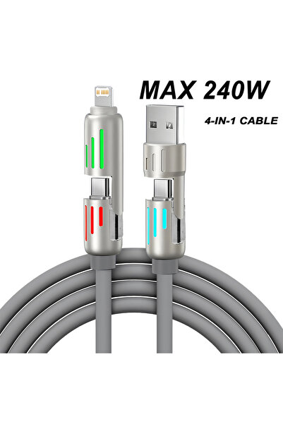 Choice كابل شحن سريع من السيليكون USB Type C 4 في 1 240 واط، رمادي اللون، بطول 1 متر، مناسب لأجهزة iPhone...