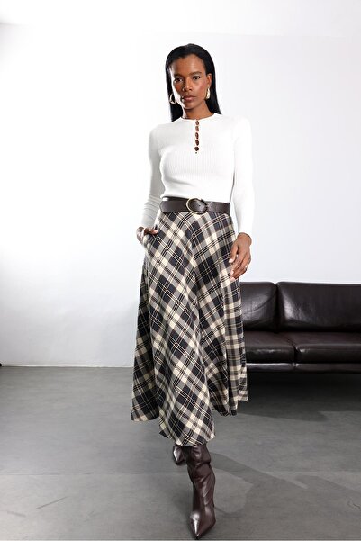 5in1Canpolat Anthracite Plaid Maxi Skirt 17775