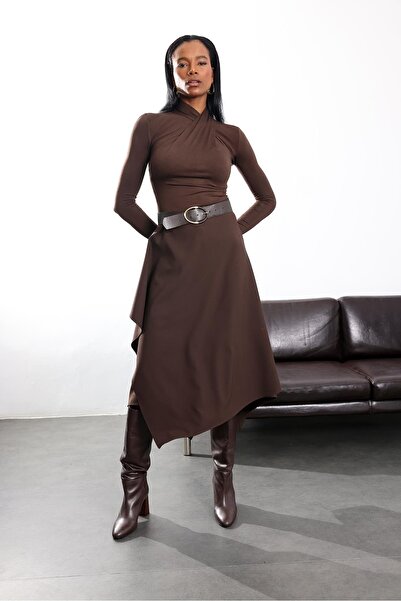 5in1Canpolat Brown Double-Breasted Design Midi Skirt 17264