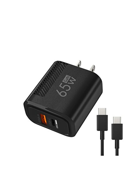 Choice شاحن سريع USB من النوع C بتقنية GaN بقوة 65 واط، أسود اللون، مزود بكابل شحن سريع، محول طاقة للهواتف المحمولة.