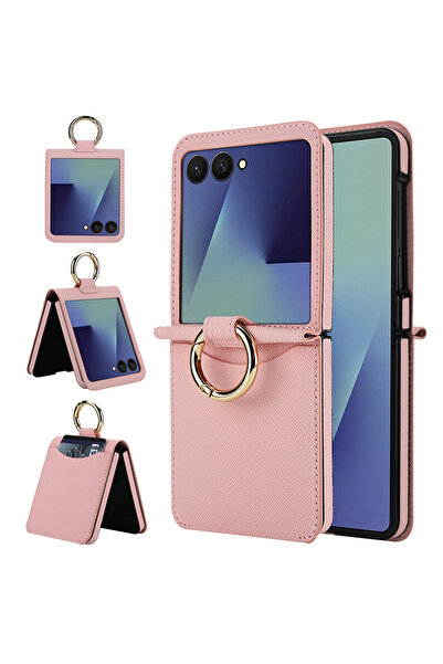 Choice جراب هاتف من الجلد الوردي مزود بفتحة للبطاقات لهاتف Galaxy Z Flip 7 مع...