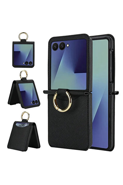 Choice Galaxy Z Flip7 Black Leather Wallet Card Slot Phone Case with Ring Hol...