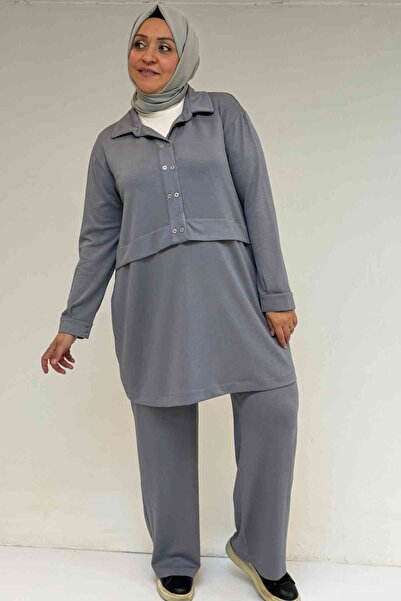 Eslina 57038 Plus Size Men's Collar Button Detailed Modal Trouser Suit - Gray