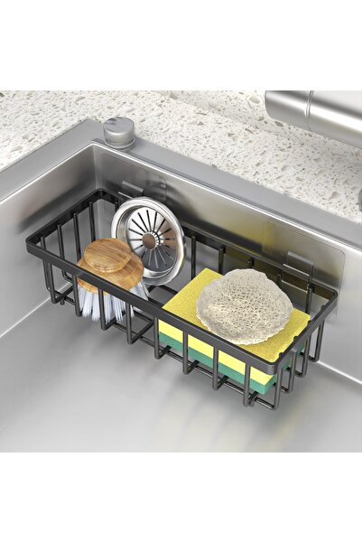 Choice رف تصريف حوض المطبخ الأسود الأنيق، قطعة قماش محمولة لغسل الأطباق وفرشاة الأواني ورف تخزين وإسفنجة الصابون