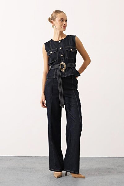 VAGGON Джинсовий комплект з джинсовою блузою на поясі та джинсовими штанами з застібками